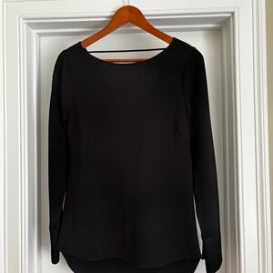 BCBG Classic Black Long-Sleeve Women’s blouse with draping in back.